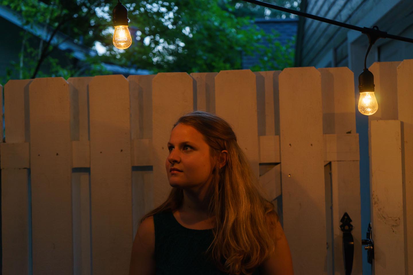 Backyard Dog and Chicken Photography - night lights portrait